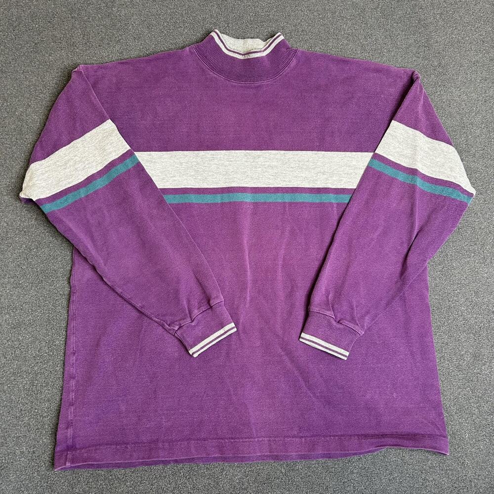 Vintage L.L. Bean Sweatshirt Men XXL Purple Striped Mock Neck Cotton Made In USA